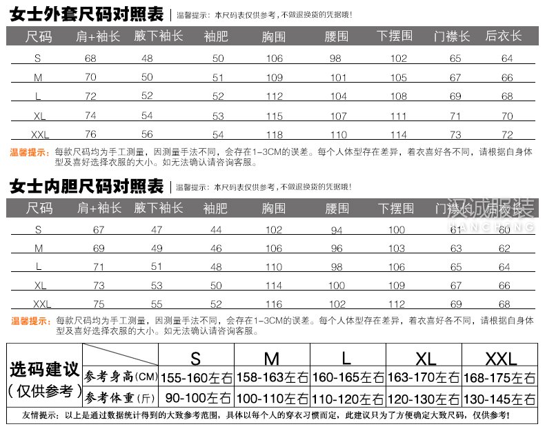 防寒三合一保暖全壓膠沖鋒衣-尺碼表